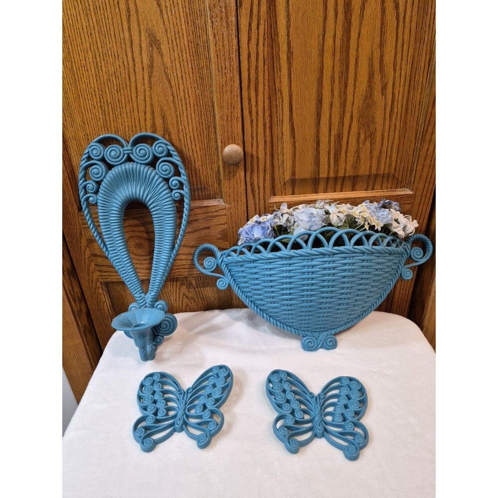 Vintage  Burwood 1970 Teal Homco Faux Wicker Weave Wall Sconce Pocket Butterfly